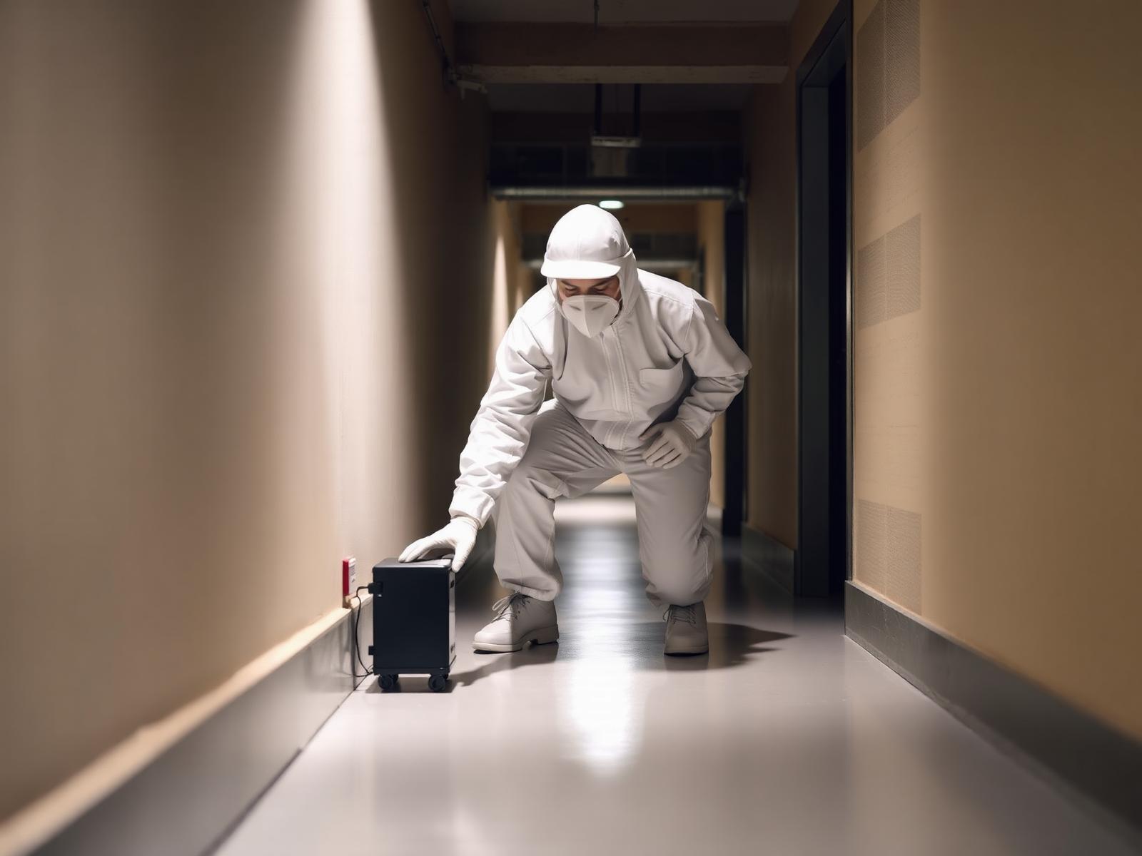 Dératiseurs Paris — technicien certifié Certibiocide posant un poste d'appâtage sécurisé contre les rats et souris