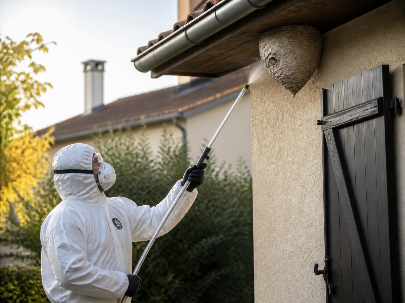 Professionnel pour détruire un nid de guêpes à Paris — technicien Certibiocide en combinaison traitant un nid sous une toiture